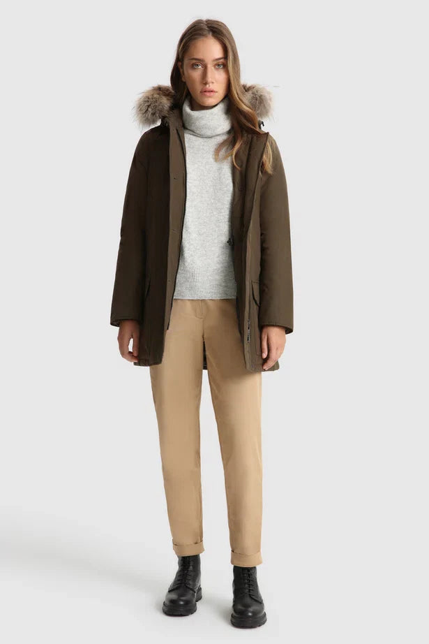 Woolrich Woman Arctic Parka in Ramar with Detachable Fur Trim Dark Green