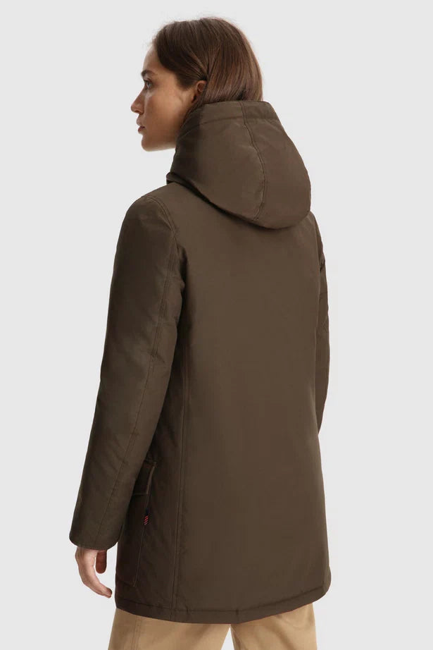 Woolrich Woman Arctic Parka in Ramar with Detachable Fur Trim Dark Green