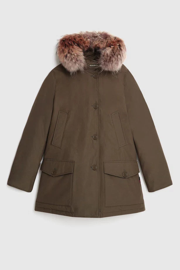 Woolrich Woman Arctic Parka in Ramar with Detachable Fur Trim Dark Green