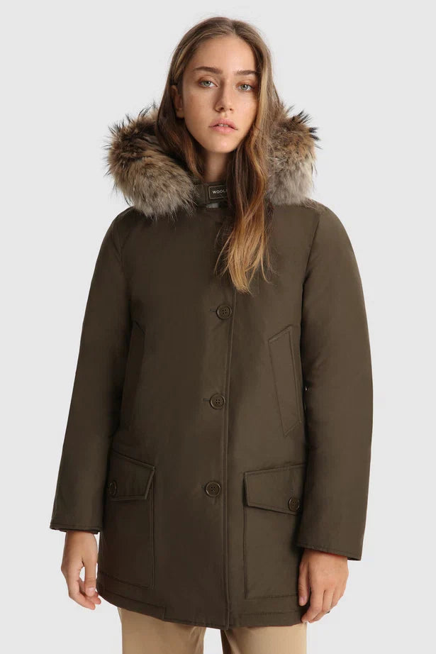 Woolrich Woman Arctic Parka in Ramar with Detachable Fur Trim Dark Green