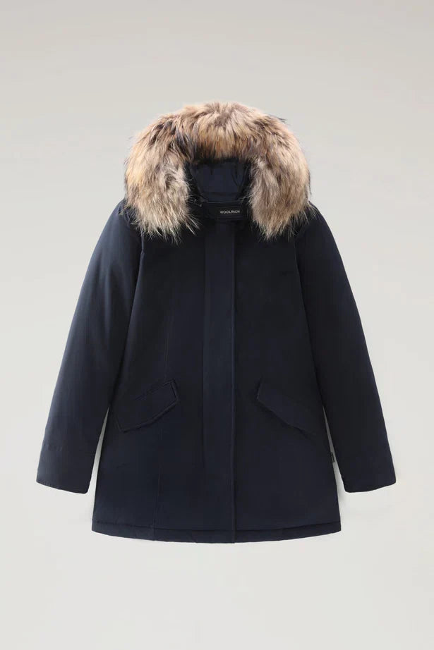Woolrich Woman Luxury Arctic Parka with Detachable Fur Melton Blue
