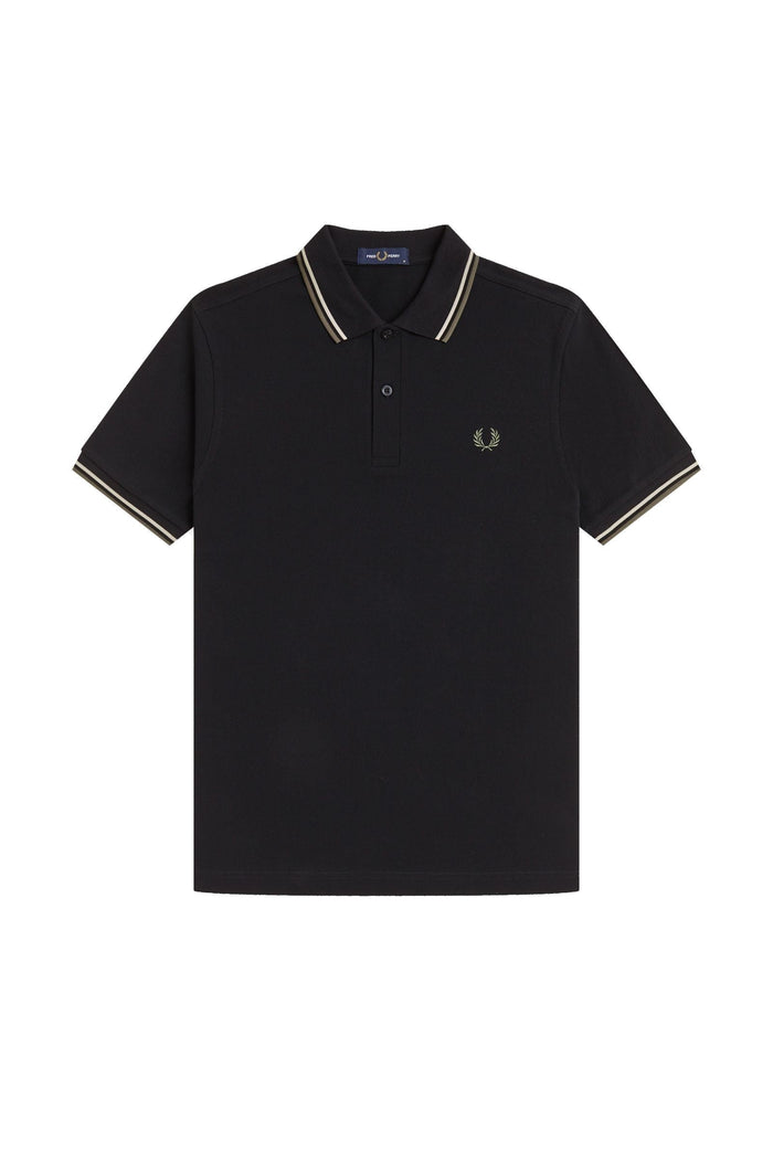 Fred Perry Slim Fit Twin Tipped Polo Black / Oatmeal / Laurel Wreath Green