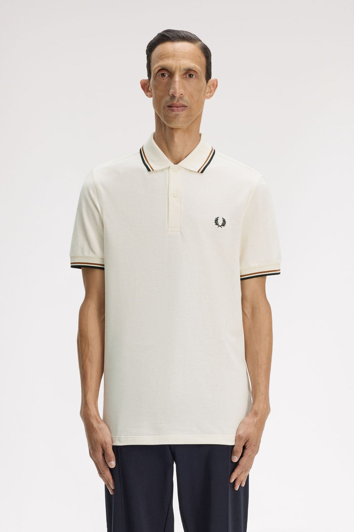 Fred Perry Slim Fit Twin Tipped Polo Ecru / Dark Caramel / Black