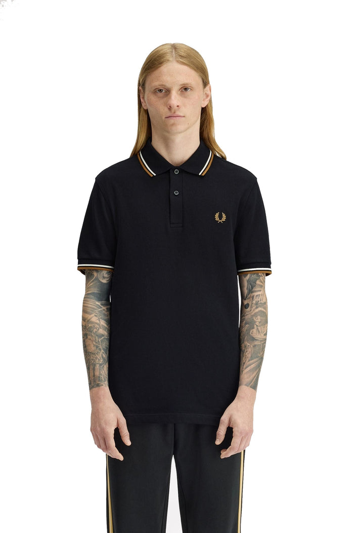 Fred Perry Slim Fit Twin Tipped Polo Black / Ecru / Dark Caramel