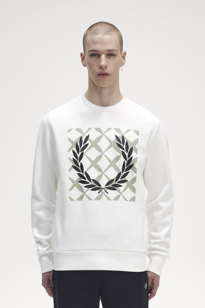 Fred Perry Crew Neck Sweatshirt with Cross Stitch Graphic in White
